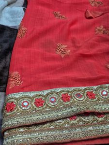 Vibrant Orange Embroidered Saree with Blouse