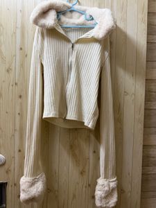 Cream Ribbed Zip-Up Top with Fur Collar