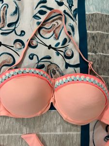 Coral Bikini Top with Crochet Trim