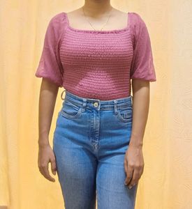 Smocked Puff Sleeve Square Neck Top