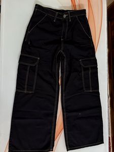 Black Cargo Pants with Contrast Stitching