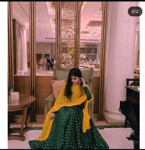 Green Polka Dot Kurta Set with Yellow Dupatta