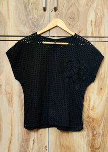 Chic Black Eyelet Pocket Top Size-36