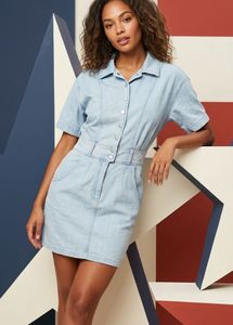 Trendy Light Wash Denim Button-Down Dress with Poc