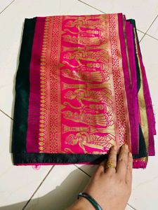 Radha Krishna Print Pink &amp; Green Saree With Blouse