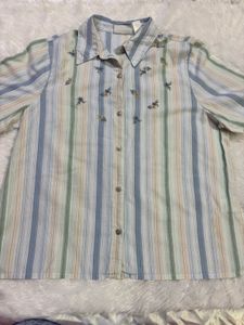 Striped Button-Up Blouse with Floral Embroidery