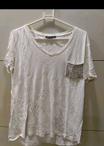 White T-Shirt with Embellished Pocket