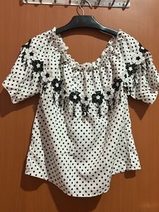 Polka Dot Off-Shoulder Top with Floral Detail