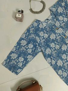 Floral Print Blue Cotton Kurta🤍🌼💙