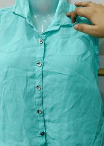 Sleeveless Aqua Button-Up Top