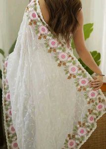 Elegant off White Embroidered Saree