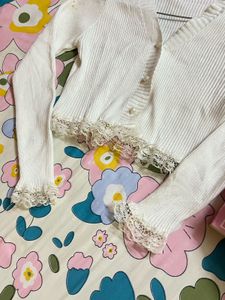 White Cropped Cardigan with Lace Trim