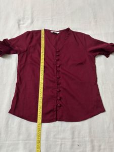 Maroon Button-Up Ruffle Sleeve Top