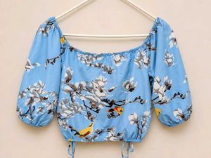 Blue Floral Print Ruched Crop Top