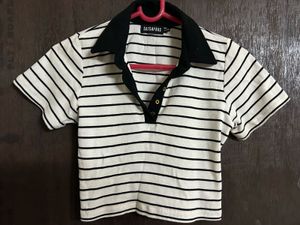 Striped Polo Neck Crop Top