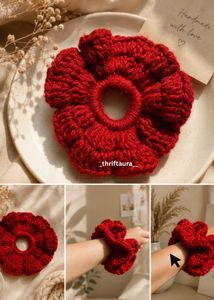 Handmade Red Crochet Flower Scrunchie