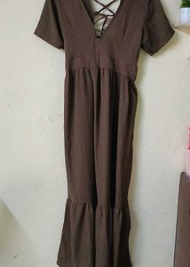 Elegant Brown Maxi Dress with Lace-Up Detail