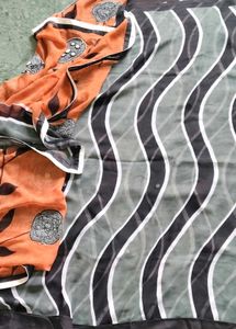 Grey and orange Floral Saree
