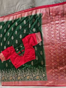 Green Banarasi Saree with Red Blouse