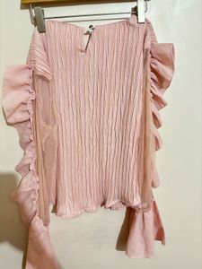 Chic Pink Pleated Ruffle Sleeve Top