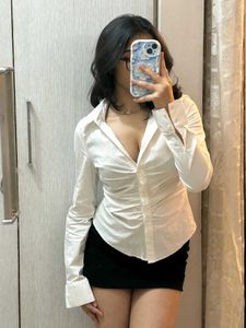 Fitted White Ruched Button-Up Shirt