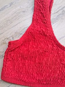 Red Smocked Bikini Set with Lace Detail