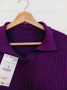 Elegant Purple Collared Short Sleeve Knit Top
