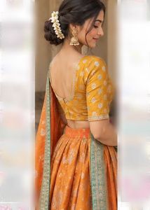 Royal Orange &amp; Emerald Green Zari Brocade Gujarati