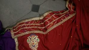 Embroidered Red &amp; Purple Saree with Blouse