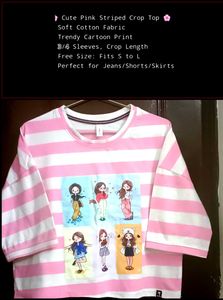 Cute Pink Striped Cartoon Crop Top and off white c