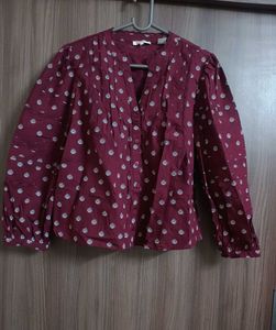 Maroon Printed Button-Up Blouse