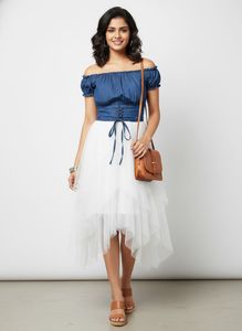 Denim Off-Shoulder Dress with Tulle Skirt