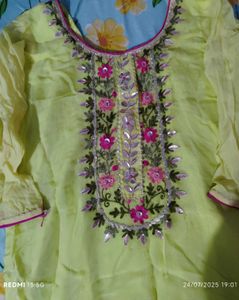 Lime Green Embroidered Kurti With Sharara