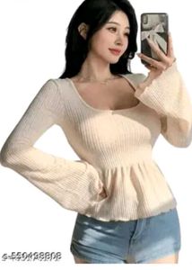 Ribbed Peplum Top with Square Neck