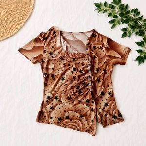 Brown Star Print Ruched Top