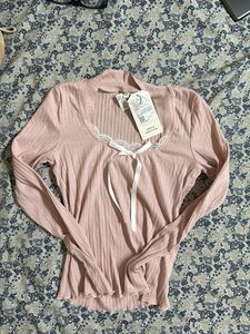 Pink Lace Trim Long Sleeve Top