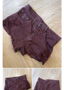 Maroon Distressed Denim Shorts