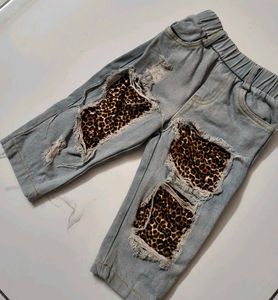 Kids Ripped Denim Pants With Leopard Print