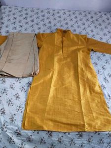 Manyavar Men's Yellow Kurta with Beige Pants