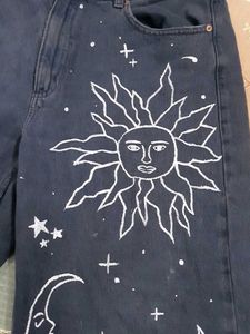 Women Black Jeans Hand-Painted Sun &amp; Moon