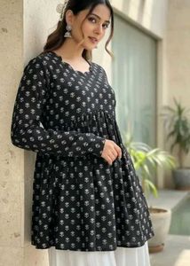 Elegant Black &amp; White Printed Short Kurta