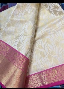 Elegant Cream &amp; Pink Banarasi Silk Saree
