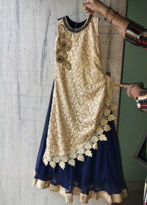 Elegant Gold Lace & Navy Blue Dress