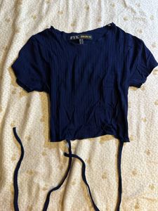 Navy Ribbed Tie-Front Crop Top