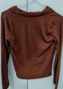 Brown Collared Long Sleeve Top