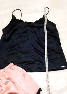 Satin Pajama Set - Black Top &amp; Pink Shorts