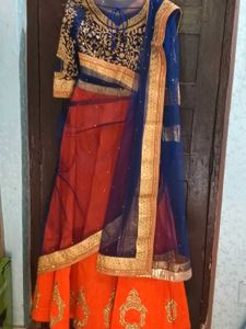 1-TimeUsed OrangeLehengaWithNavyBlueBlouse&amp;Dupat