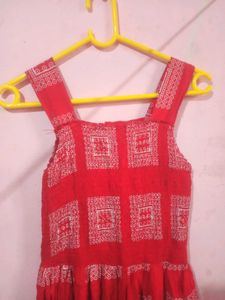 Red Printed Dress with White Lace Jacket Set