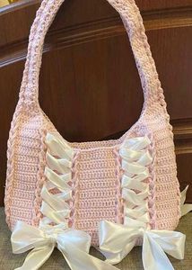 Cream Crochet Corset Bag with Pink Ribbons