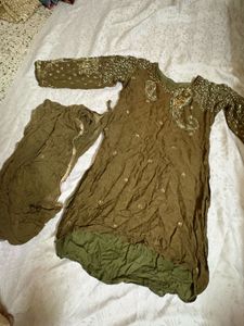 Embellished Olive Kurta Set with Dupatta